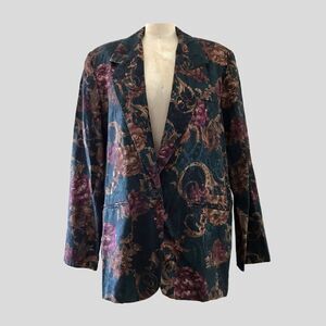 Vintage 1980s San Moire Green Floral Paisley Oversized Womens Blazer Jacket - M